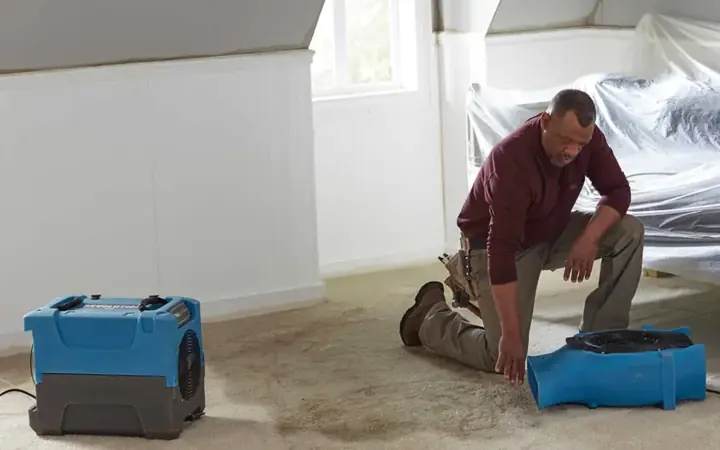 Technician placing air movers on a damp floor in Redding