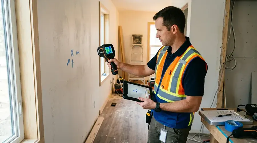 Technician scanning a wet Redding wall with a thermal imaging camera