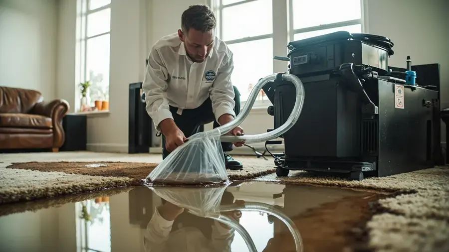 Restoration technician extracting standing water from a flooded Redding living room