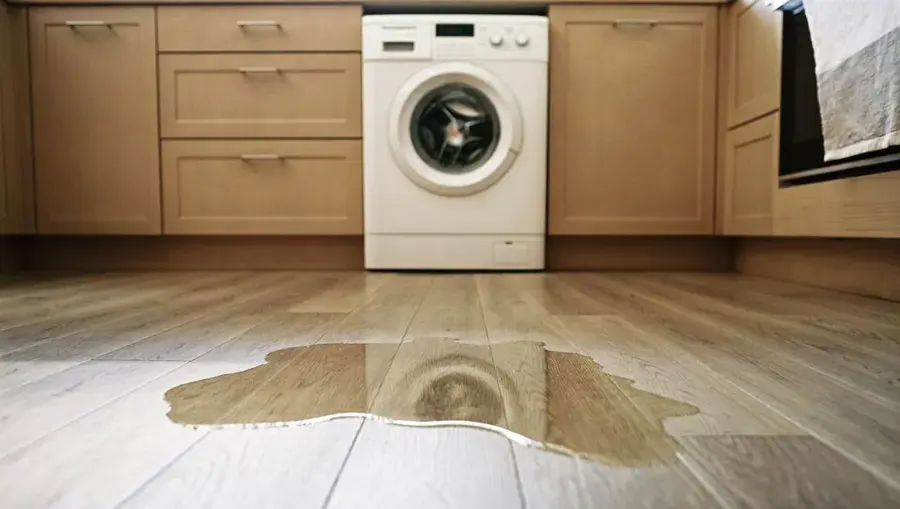 Water leaking from a washing machine across a Redding kitchen floor