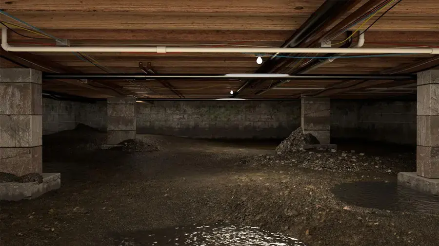 Standing water in the crawlspace under a raised-foundation Redding home