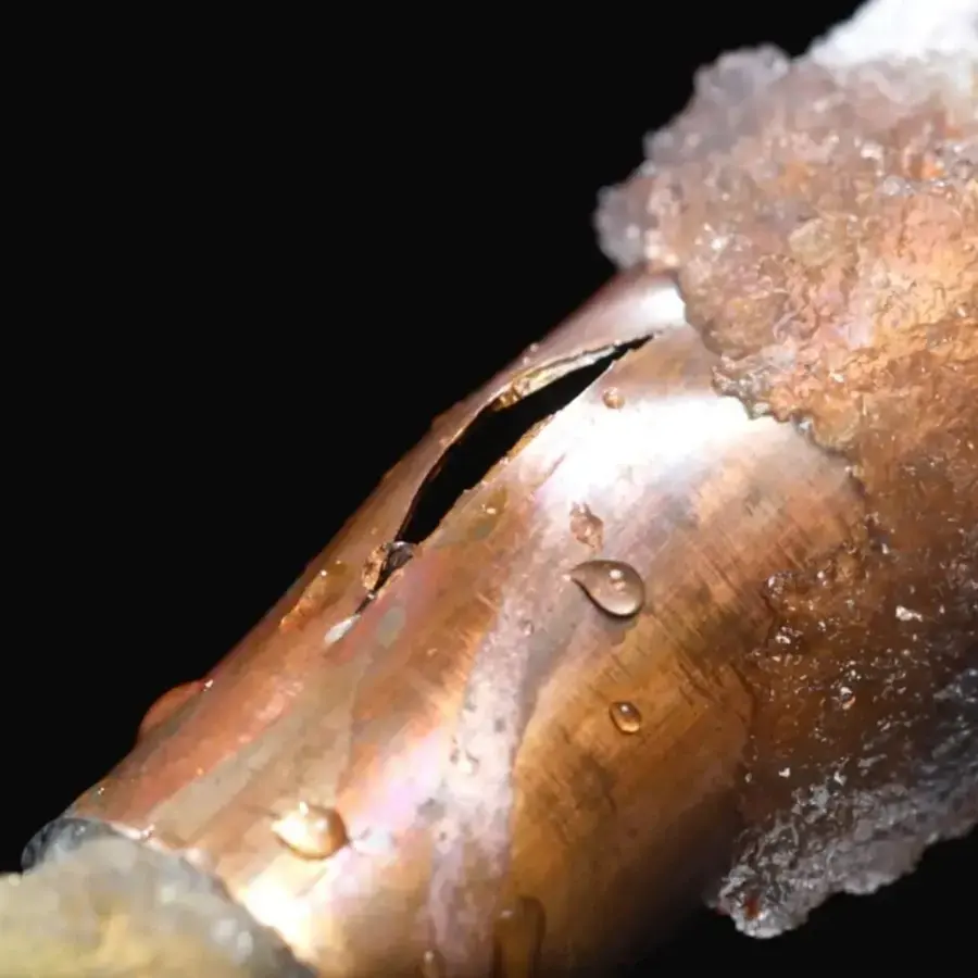 Frozen copper pipe split open by ice during a Shasta County cold snap