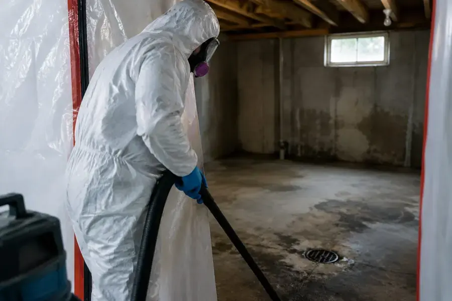 Technician in a protective suit cleaning a sewage backup at a floor drain