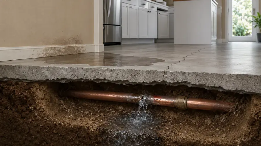 Concrete slab cut open to expose a leaking copper line beneath the floor
