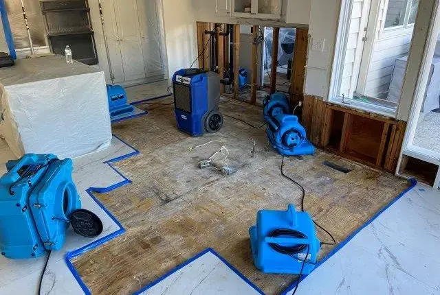 Air movers and a dehumidifier drying an exposed subfloor in Redding