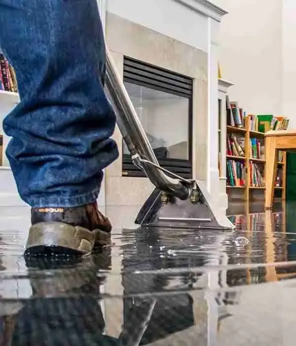 Extraction wand pulling standing water off a flooded Redding living room floor
