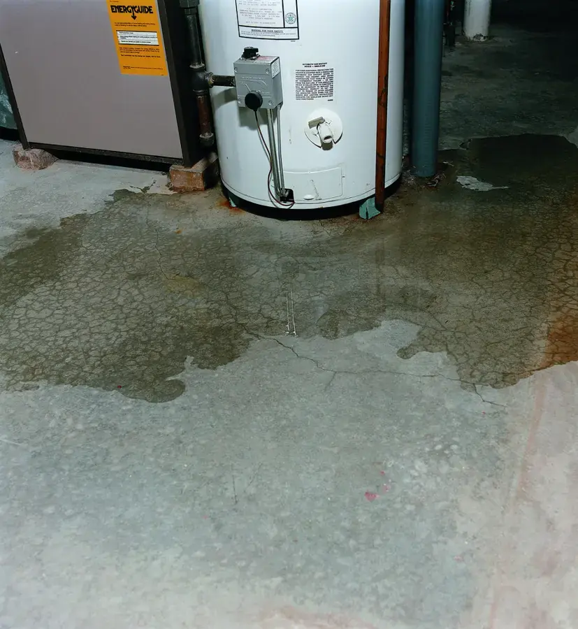 Water spread across the floor around a leaking water heater